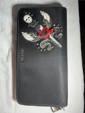 Prada Black Wallet with Embroidered Wing, Dagger & Red Heart Accent
